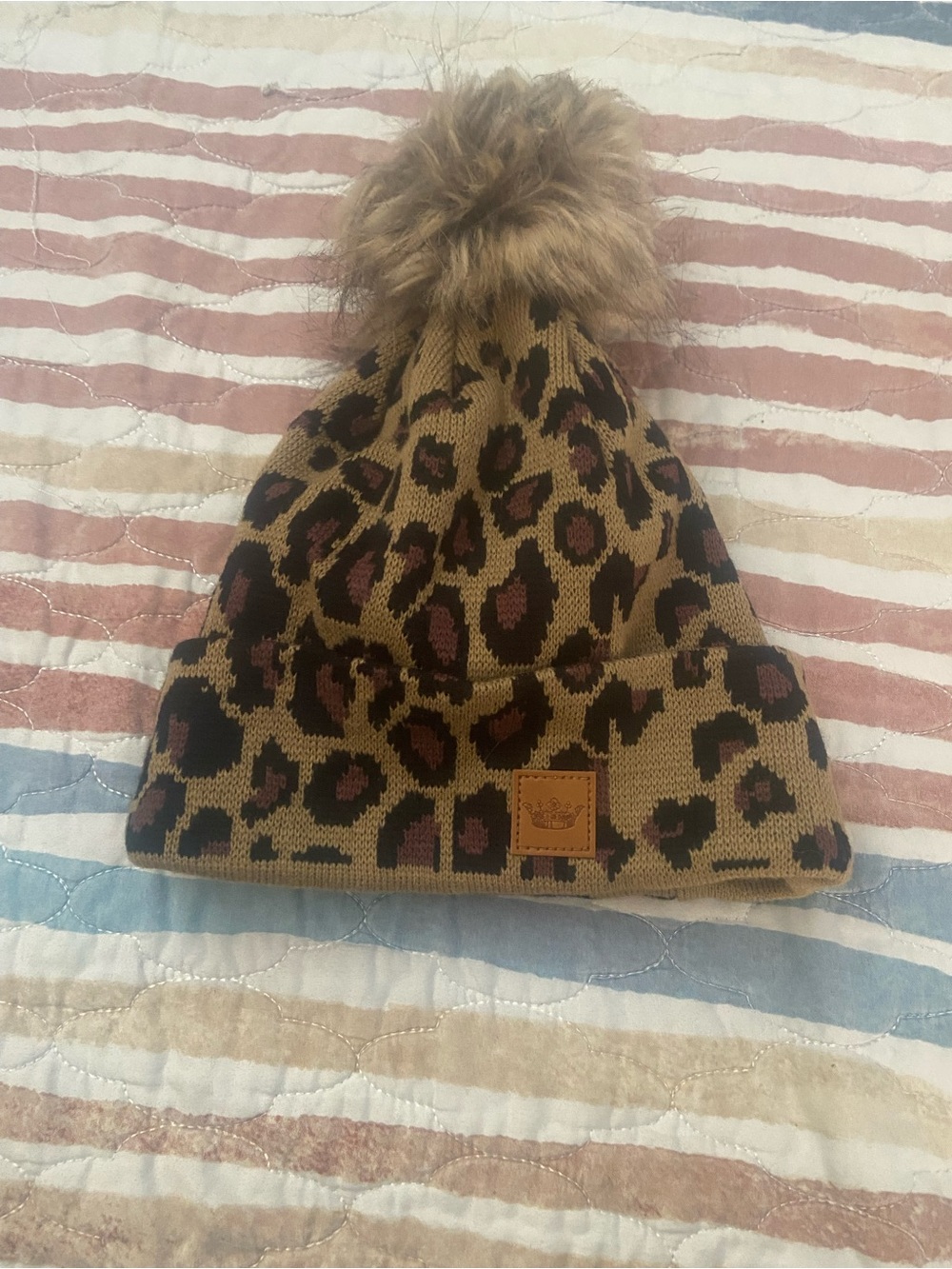 Panache Leopard Print Pom Beanie in Brown and Black